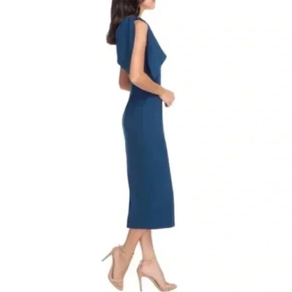 DRESS THE POPULATION Tiffany One-Shoulder Midi Dress in Peacock Blue Size Medium - Picture 4 of 12